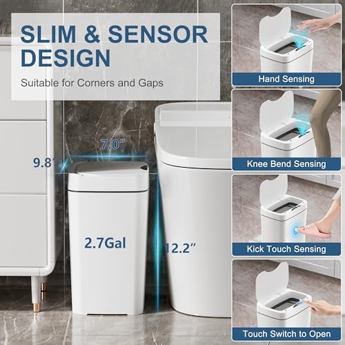 Vanpopubs 2 Pack 2.7 Gal Bathroom Trash Can with Lid, Automatic Trash Can Small Smart Garbage Can Touchless, Slim Motion Sensor Waterproof Plastic Trash Bins for Bedroom Office Kitchen Toilet, White - Image 3