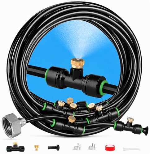 Misters for Outside Patio 63FT(19.2M)+21 Brass Mist Nozzles+a Brass Adapter(3/4") Detachable outdoor misting cooling system for Garden, waterpark, Greenhouse, Backyard, Fan, Umbrella, Deck, Canopy by Lekit