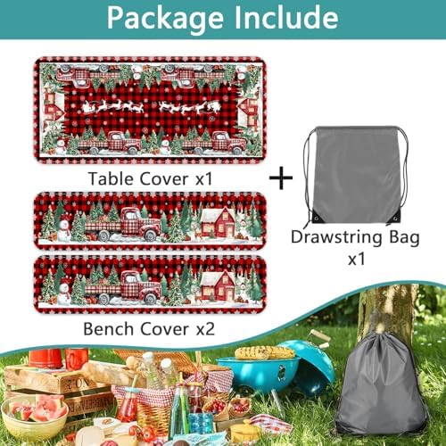 Christmas Picnic Table Cover with Bench Covers and Bag, Camping Essentials, Red Plaid Xmas Waterproof Windproof, Fitted Tablecloth Cover with Elastic Edge, for Indoor & Outdoor, 3 PCS, 30x60 Inch - Image 5