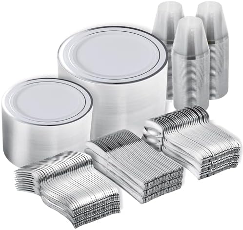 N9R 600PCS White and Silver Plastic Plates, Disposable Dinnerware Set by N9RTABLEWARE