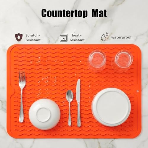 MicoYang Silicone Dish Drying Mat — Quick-Dry Ridges Counter & Sink Pad, Heat-Resistant Trivet to 450°F, Non-Slip & Dishwasher Safe, Roll-Up Storage, 18 Colors & 9 Sizes (Orange, 16"×12") - Image 3