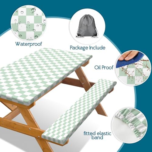 Picnic Table Cover with Bench Covers and Bag, Sage Green and White Checkered Buffalo Plaid Camping Tablecloth Waterproof Elastic Edges Fitted Gingham Tablecloth for Outdoor Garden 3PCS 30x60 Inch - Image 6