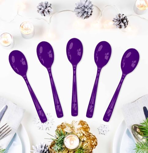 SietDESEO 25 PCS Purple Plastic Spoons Disposable Utensils Heavy Duty Purple Spoons Disposable Cutlery for Birthday Wedding Baby Shower Bridal Shower Plastic Silverware - Image 3