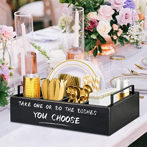 Ameuphercy Wood Paper Plate Dispenser, Paper Plate Holder with Large Cup Holder for Kitchen Counter, Rustic Silverware Utensil Caddy with Large Cup Holder, Utensil Holder for Kitchen Accessories - Image 3