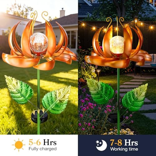 Solar Yard Lights Wind Spinners- Metal Lotus Flower Garden Decor LED Crackle Glass Globe Yard Art Sculpture Solar Stake Lights for Patio Pathway Lawn Walkway (Yellow-Large) - Image 6