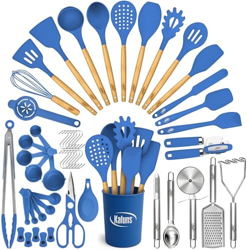Kaluns 50 PCS Silicone Kitchen Utensils Set Complete Kitchen Set - 800°F Heat Resistant Non-Stick Premium Silicone Cooking Utensils W Wooden Handles - Can Opener, Masher, Turner, Silicone Spatula Set by Kaluns%C2%AE