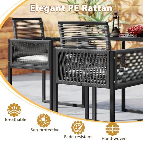 Tangkula 3 Pieces Patio Dining Set, Outdoor Space-Saving PE Wicker Bistro Set with Cushions, Patio Tempered Glass Top Table and Chairs Set for Porch, Garden and Backyard - Image 5