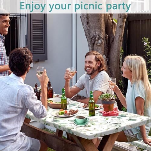 Picnic Table Cover with Bench Covers and Bag, Camping Essentials, Eucalyptus Leaves Outdoor Table Covers, Waterproof Windproof, Fitted Tablecloth Cover with Elastic Edge, 3 PCS, 30x72 Inch - Image 3