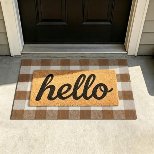 SEEKSEE Fall Decor Buffalo Plaid Outdoor Rug 27.5x43 Coffee and White Front Door Mat, Layering Rug for Porch, Fall Doormat, Front Porch Rug for Outdoor Entrance Entryway Patio Porch Decor - Image 6