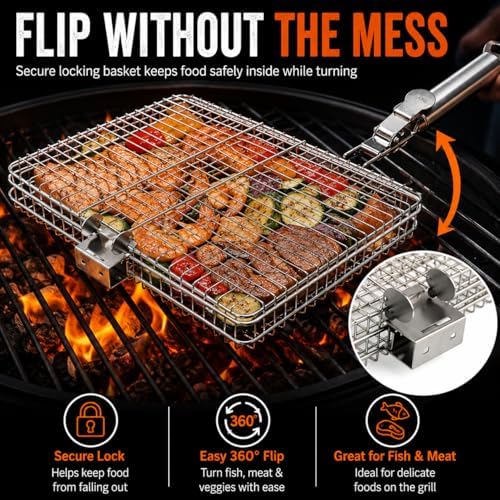 8-Piece BBQ Grill Basket Set - Stainless Steel Vegetable Grilling Basket with Detachable Handle & Lid, Portable Fish Grilling Basket & Meat Roaster, Grilling Gifts for Men Dad - Image 4