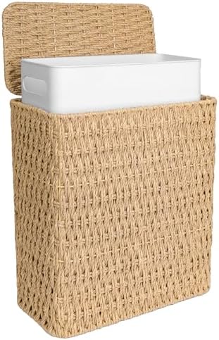 iEGrow Paper Rope Trash Can,Bathroom Trash Can with Lid, 3 Gallon Wicker Waste Basket with Removable Liner, for Bedroom, Living Room, Toilet, Under Sink Natural by iEGrow