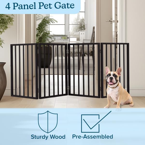 Pet Gate - 4-Panel Indoor Foldable Dog Fence for Stairs, Hallways, or Doorways - 72x24-Inch Wood Freestanding Dog Gates by PETMAKER (Black) - Image 4