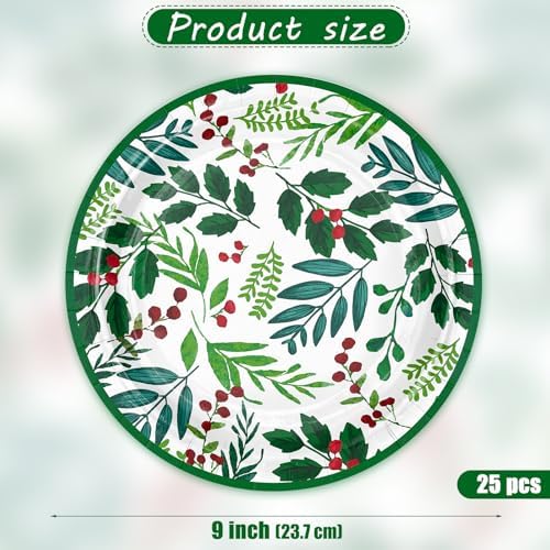 WRAPAHOLIC 25Pcs Christmas Paper Plates - 9 Inch Seasonal Holly Disposable Plates Decorative Dinner Plates for Christmas Party Tableware Supplies Table Decor - Image 2