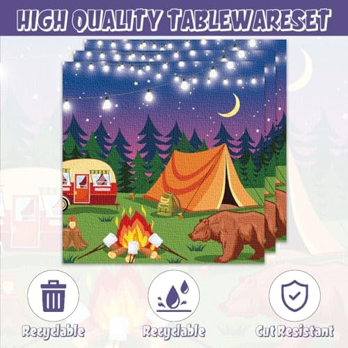 Egami 40pcs Camper Party Supplies,include 20 Dessert plate and 20 Napkin,Camping Adventure Bears Sign Party Plate Napkin Set，Used for Camping Party Decoration (greener2) - Image 3