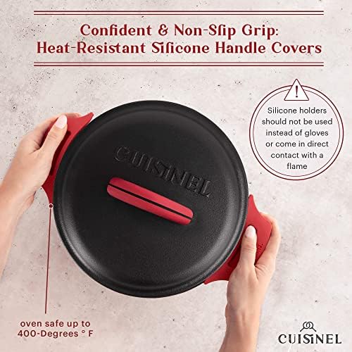 Cuisinel Cast Iron Dutch Oven - 5-Quart Deep Pot + Lid + Pan Scraper + Handle Cover Grips - Large Pre-Seasoned Cooker for Baking Bread, Soup, Frying - Indoor/Outdoor Kitchen, Camping, Fire, BBQ Safe - Image 6