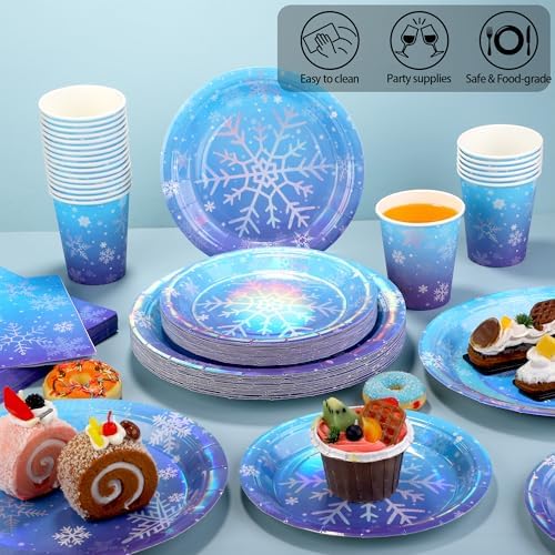 Kochorie 96 Pieces Frozen Iridescent Winter Snowflake Birthday Party Supplies Snowflake Tableware Set Disposable Paper Plates Cups Napkins Serve 24 Guests for Christmas Winter Wonderland Decorations - Image 5