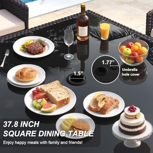 Gotland 5 Piece Outdoor Dining Set, All-Weather Rattan Patio Furniture Set with Umbrella Hole Tempered Glass Square Table, Outdoor Table and Chairs with Removable Cushions for Backyard, Deck, Grey - Image 4