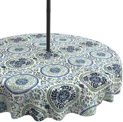 LVTXIII Round Outdoor Tablecloth with Umbrella Hole and Zipper, Water-Repellent 60 Inch Patio Table Cover for Bistro, Garden, Patio & Picnic, Coastal Medallion by LVTXIII