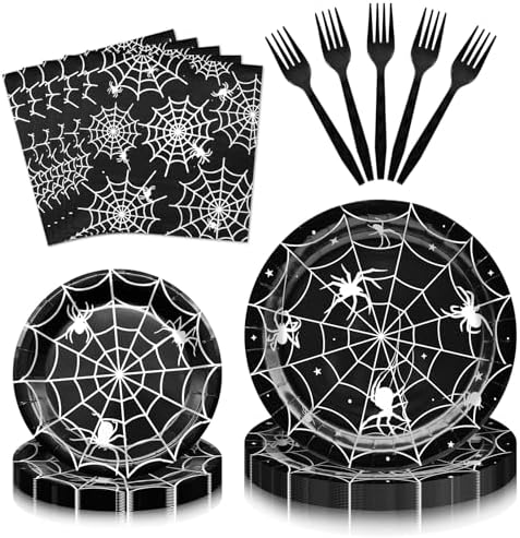 96 Pieces Halloween Spider Web Tableware Set Party Supplies – Disposable Plates, Napkins, and Forks, Black and White Spider Design for Halloween Haunted House Trick or Treat Event, Serves 24 Guests by Herytem