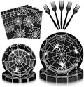 96 Pieces Halloween Spider Web Tableware Set Party Supplies – Disposable Plates, Napkins, and Forks, Black and White Spider Design for Halloween Haunted House Trick or Treat Event, Serves 24 Guests by Herytem