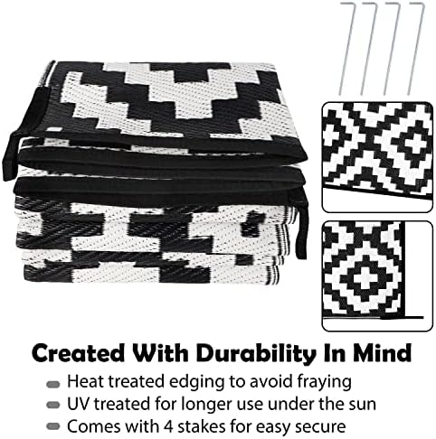 SAND MINE Waterproof Outdoor Rug 6x9 ft, Reversible Mats, Modern Area Rug, Large Floor Mat and Rug for Outdoors, RV, Patio, Backyard, Deck, Picnic, Beach, Trailer, Camping, Black & White Lattice - Image 4