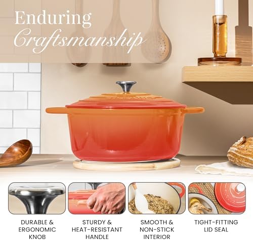 Nuovva Enamelled Cast Iron Dutch Oven Pot with Lid-6.4 Quart Non Stick Casserole Pot-Heavy Duty & Oven Safe up to 500° F for Bread Baking, Braising, Stews, Roasting - 28cm Orange - Image 6