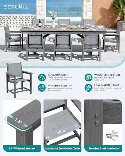 SERWALL 9Pcs HDPE Outdoor Dining Set for 8 with Sling Chairs,Gray - Image 3