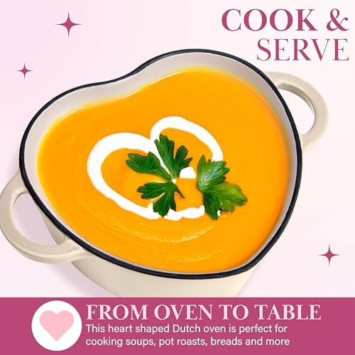 Paris Hilton Enameled Cast Iron Dutch Oven Pot with Lid, Heart-Shaped Dutch Oven, Durable Cast Iron Pot with Dual Handles, Oven Safe to 500°F, Works on All Stovetops, 2-Quart, Cream - Image 4