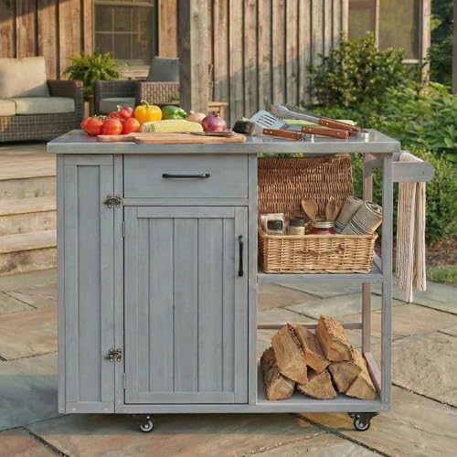 Outdoor Kitchen Island Cart with Stainless Steel Top, Rolling Grill Table with Storage Cabinet Drawer Shelves and Towel Rack, Wooden BBQ Prep Station with Lockable Wheels for Patio Backyard, Grey by GDFStudio