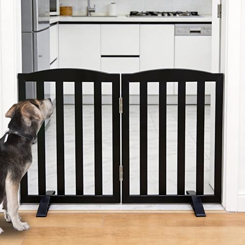 Freestanding Dog Gate Indoor,Doggie Gate Foldable Pet Gates for Doorways,Stairs or Hallways, Wooden Black Pet Gate for the House, Pet Fence with Support Feet Included,24 "Height-2 Panels - Image 2