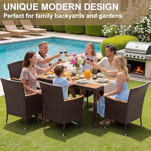 Devoko 7 PCS Acacia Wood Patio Dining Set, Brown Rattan - Image 5