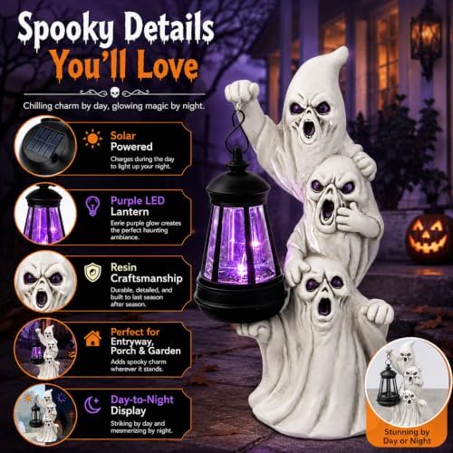 Triple Ghosts Halloween Figurine with Solar Lighted,Halloween Decorations - Image 2