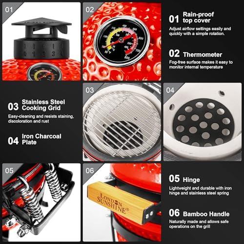 London Sunhine 13-Inch Ceramic Kamado Grill, Waterproof Vent Cap, Red - Image 5