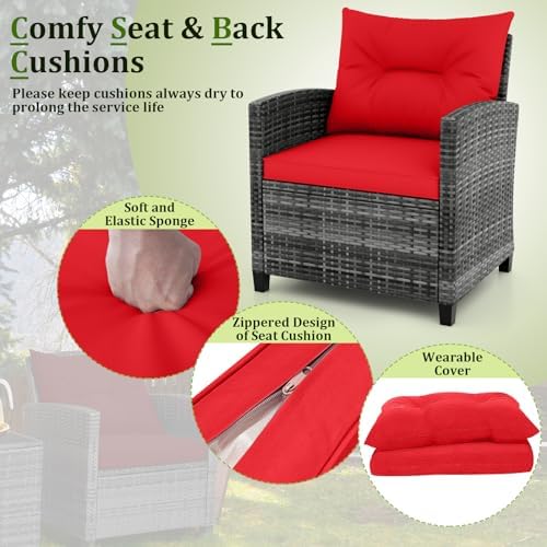 RELAX4LIFE Wicker Patio Furniture Sets - 3 Pieces Rattan Sofa Set, Outdoor Conversation Set with Tempered Glass Tabletop, Heavy-Duty Steel Frame, Wicker Chair Set for Poolside, Backyard (Grey-Red) - Image 3