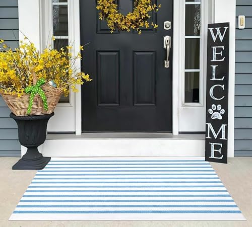Light Blue White Striped Rug -2.3'x3.6' Front Door Rugs Outdoor, Small Washable Area Rug for Front Porch, Spring Summer Welcome Mats Outdoor Indoor, Doormat for Entryway Porch Entrance - Image 3