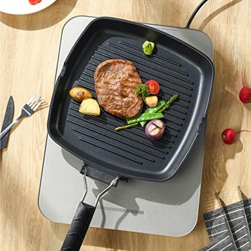 S·KITCHN Grill Pan with Folding Handle, Nonstick Grilling Pan for Stove Tops, Induction Compatible Square KBBQ Pan with Pour Spouts - 9IN - Image 2
