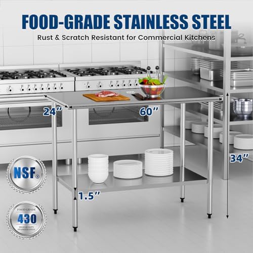 Stainless Steel Table 24 x 60 Inches Metal Food Prep Worktable with Adjustable Undershelf for Kitchen, Outdoor, Restaurant, Bar & Garage - Image 3