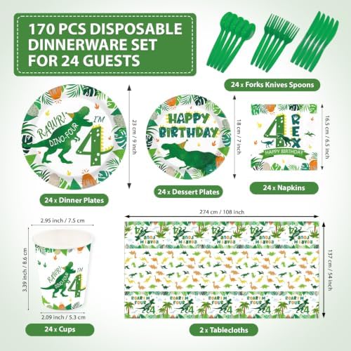 170 Pcs Dinosaur 4th Birthday Party Decorations for Boys Serves 24 - Image 2