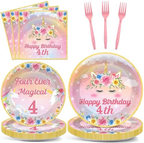 96PCS Four Ever Magical Party Paper Plates and Napkins Unicorn 4th Birthday Party Decor Rainbow Unicorn Plates 4 Year Old Tableware Set for 24 Guests Magical 4th Birthday Gatherings Decorations by Oitnlaughter