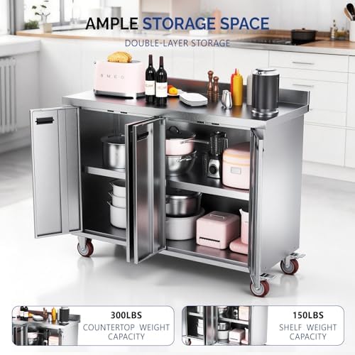 ROVSUN Stainless Steel Table with Cabinet & Wheels 47" x 19"，Commercial Pre Table with Backsplash, Heavy Duty Work Table with 4 Doors, Large Space Storage for Kitchen Restaurant Hotel Garage - Image 6