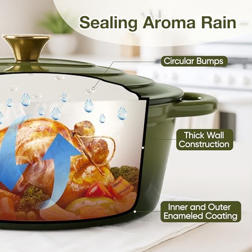 Oval Dutch Oven for Bread Baking, 4.5 Quart Non Stick Enameled Cast Iron Dutch Oven Pot with Lid, Oven Safe Oval Casserole with Lid up to 500°F for Baking, Braising, Stews, Roasting, Golden Green - Image 5