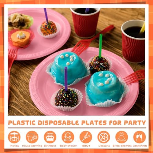 Plastic Plates 9 Inch Plastic Solid Round Party Dessert Dinner Plates for Weddings Party BBQs Birthday Camping and Anniversary (30, Pink) - Image 4