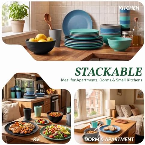 Homienly 40 Piece Premium Wheat Straw Dinnerware Sets for 8 Unbreakable Plates and Bowls Sets Microwave and Dishwasher Safe Dinner Plates Set Camping, Apartment, Kids, Outdoor, RV, Party-Nightscape - Image 6