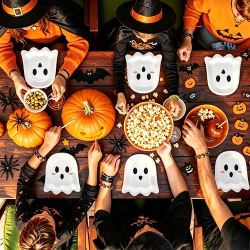 FOIMAS 50 Pcs Halloween Paper Plates, 9.84 Inch Cute Ghost Disposable Plates Spooky Boo Dessert Dinner Plate Tableware for Baby Shower Halloween Party Supplies Birthday Table Decor,White - Image 5