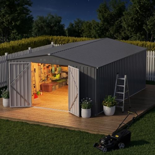 10 x 12 FT Outdoor Storage Shed, Heavy Duty Metal Shed with Lockable Double Door, 2 Magnetic Light, Sloped Roof & Vents for Garden Backyard Lawn, Dark Gray by Unknown