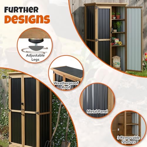 Outdoor Storage Cabinet with Shelves, Wood & Metal Storage Shed with Weatherproof Roof, Lockable Doors, Adjustable Feet, Outside Storage Cabinet for Garage, Patio (15.6" D x 32.3" W x 65.8" H) - Image 6