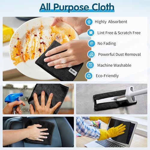 FIXSMITH Black Microfiber Cleaning Cloth -Pack of 8, Highly Absorbent Cleaning Rags, 16"X12" All Purpose Cleaning Towels for Housekeeping, Kitchen, Car, Lint Free and Reusable Microfiber Towels - Image 4