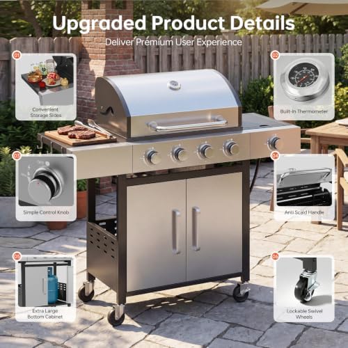 LazySunsets 4-Burner Propane Grill 49,000 BTU Stainless Steel,Silver - Image 3