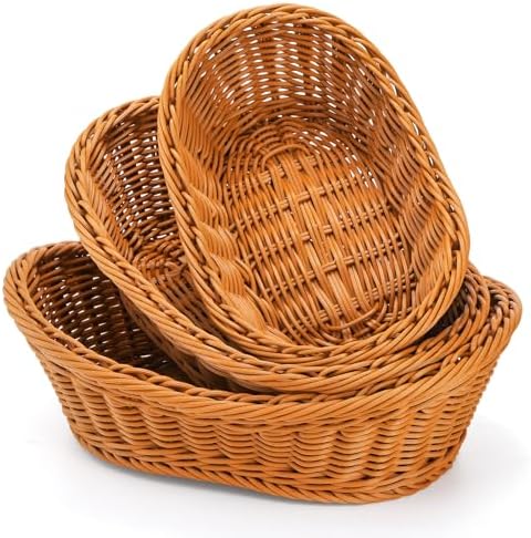 Yarlung 3 Pack Small Woven Breads Baskets, Oval Fruit Baskets Stackable Plastic Wicker Basket for Serving Vegetables, Kitchen, Restaurant, Outdoor, Imitation Rattan Brown, 3 Sizes by Yarlung