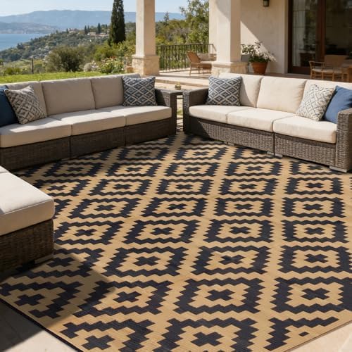 SAND MINE Reversible Mats, Plastic Straw Rug, Modern Area Rug, Large Floor Mat and Rug for Outdoors, RV, Patio, Backyard, Deck, Picnic, Beach, Trailer, Camping, Black & Brown, 10' x 10' by SANDMIND